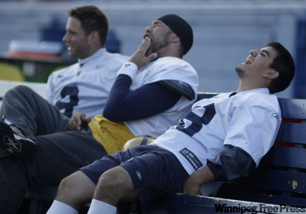 TREVOR HAGAN / WINNIPEG FREE PRESS
Mike Renaud (from left), Chris Cvetkovic and Alexis Serna feign boredom during a lax practice Monday afternoon at the Stadium. For the first time in a long time there were no controversies to contend with.