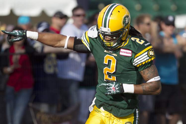 The Canadian Press
The Eskimos' Fred Stamps celebrates a first-half TD against the Bombers in Edmonton Saturday night.