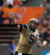 Darryl Dick / The Canadian Press
Winnipeg Blue Bombers' quarterback Drew Willy passes against the B.C. Lions during the first half of a CFL football game in Vancouver, B.C., on Friday July 25, 2014.