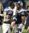 TREVOR HAGAN / WINNI
Terrence Edwards and QB Steven Jyles (right) celebrate an almost unbelievable win.