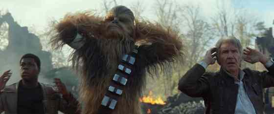 Lucasfilm Ltd.left to right: Finn (John Boyega), Chewbacca (Peter Mayhew), and Han Solo (Harrison Ford)