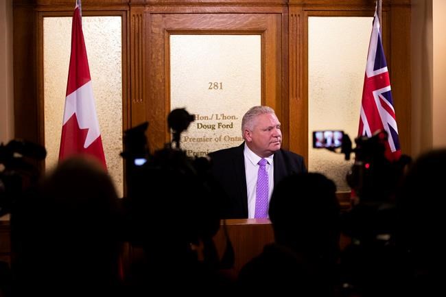 Ontario Premier Doug Ford speaks to the media outside of his office in the Ontario Legislature in Toronto on Thursday November 21, 2019. THE CANADIAN PRESS/Chris Young