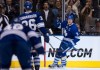 Toronto Maple Leafs captain Dion Phaneuf (right) turns to celebrate after scoring his team's second goal against Montreal Canadiens during third period NHL hockey action in Toronto on Thursday October 6, 2011.THE CANADIAN PRESS/Chris Young