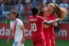 Canada's Jordyn Huitema (right) celebrates with Ashley Lawrence (10) and Jessie Fleming after scoring her second goal and her country's sixth as Costa Rica's Shirley Cruz walks by during second half International women's soccer action in Toronto on Sunday, June 11, 2017. Canadian teenage forward Jordyn Huitema has joined Paris Saint-Germain on a four-year deal. THE CANADIAN PRESS/Chris Young