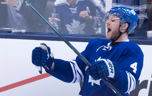 Toronto Maple Leafs defenceman Cody Franson reacts after scoring against the Boston Bruins during first period NHL hockey playoff action in Toronto on Wednesday, May 8, 2013. The Leafs have ended their contract dispute with Franson.A source says the defenceman agreed to terms on a one-year deal. THE CANADIAN PRESS/Nathan Denette