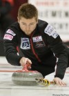 DAVID LIPNOWSKI / WINNIPEG FREE PRESS 
Mike McEwen lines up a shot Thursday against Dave Kraichy’s team at the Safeway Provincial Men’s Curling Championship at the T.G .Smith Centre in Steinbach.