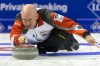 Canada's skip Kevin Koe competes in a round robin match between Canada and Germany at the men's curling World Championships in the St. Jakobshalle in Basel, Switzerland, Tuesday, April 5, 2016. (Georgios Kefalas/Keystone via AP)