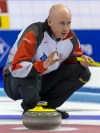 Canada's skip Kevin Koe competes during a round robin match between Canada and Sweden at the men's curling World Championships 2016 in Basel, Switzerland, on Wednesday, April 6, 2016. (Georgios Kefalas/Keystone via AP)