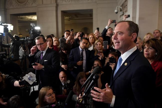 House Intelligence Committee Chairman Adam Schiff of Calif., speaks to reporters after the hearing with top U.S. diplomat in Ukraine William Taylor, and career Foreign Service officer George Kent, at the House Intelligence Committee ended on Capitol Hill in Washington, Wednesday, Nov. 13, 2019. (AP Photo/Susan Walsh)