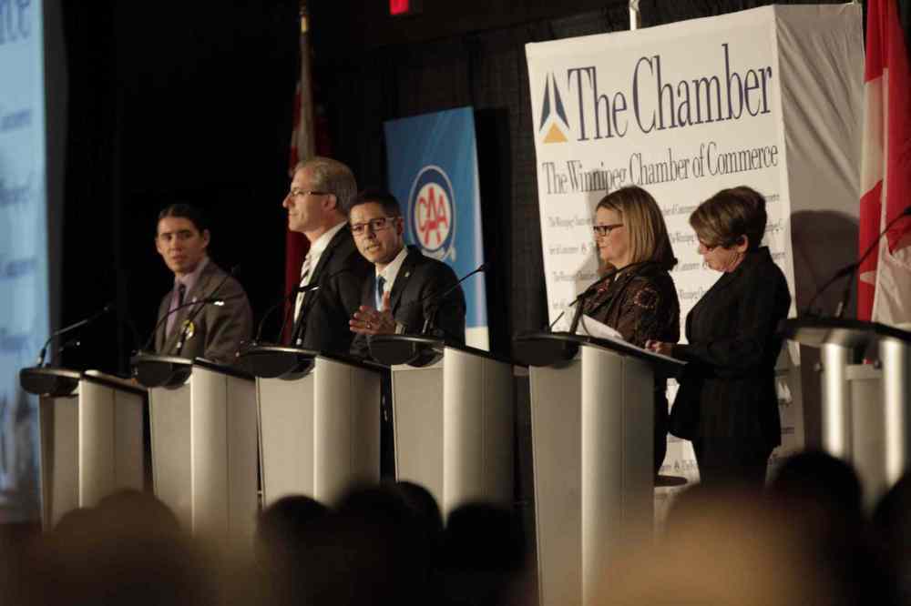 Wayne Glowacki / Winnipeg Free Press
From left, mayoral candidates Robert-Falcon Ouellette, Gord Steeves, Brian Bowman, Paula Havixbeck and Judy Wasylycia-Leis debate at the Winnipeg Chamber of Commerce luncheon today.