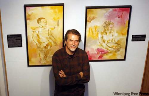 Ken Gigliotti / Winnipeg Free Press
Ray Dirks, curator of the Mennonite Heritage Centre Gallery, with art by Mozambique painter Jossias Sitoe.