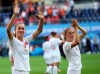Canada's Jordyn Huitema, left, and Canada's Janine Beckie wave to fans after the Women's World Cup Group E soccer match between the Netherlands and Canada at Stade Auguste-Delaune in Reims, France, Thursday, June 20, 2019. Netherlands won 2-1. (AP Photo/Francisco Seco)