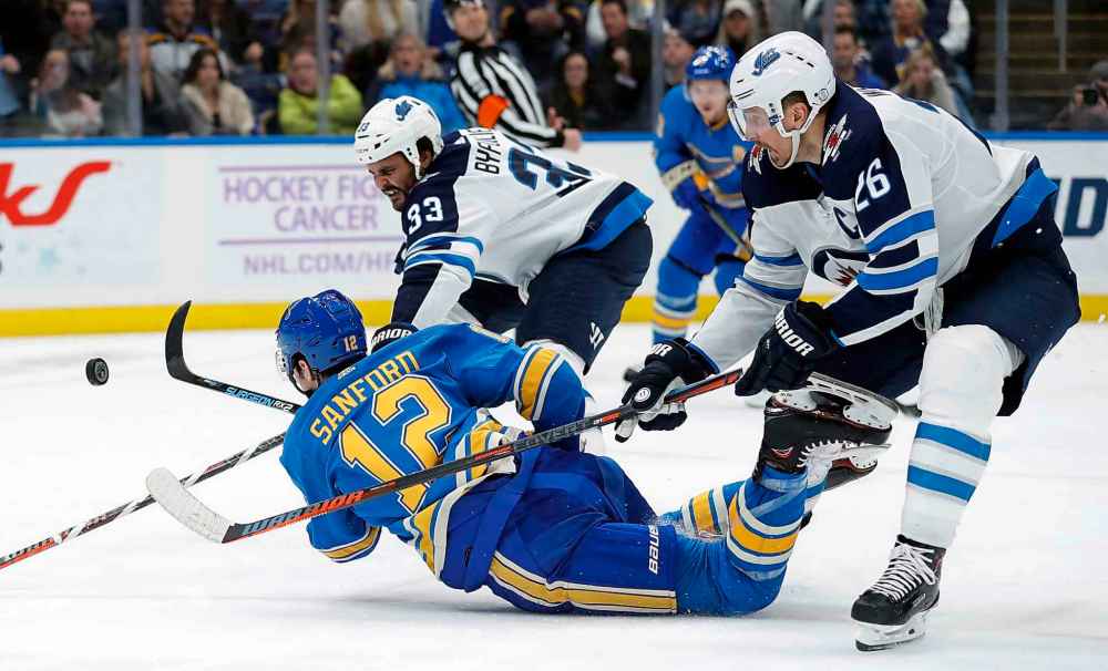JEFF ROBERSON / THE ASSOCIATED PRESS
St. Louis Blues' Zach Sanford (12) tries to shoot as Winnipeg Jets' Dustin Byfuglien (33) and Blake Wheeler (26) defend during the second period of an NHL hockey action.