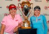 Canadian Golf Hall of Fame member Lori Kane (left) and defending champion Brooke Henderson pose with the CP Canadian Women's Open trophy at Magna Golf Club in Aurora, Ont. on Tuesday, July 2, 2019. Henderson took a quick break from her busy schedule to make an appearance here ahead of the CP Women's Open next month. THE CANADIAN PRESS/Frank Gunn