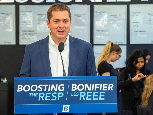 Federal Conservative leader Andrew Scheer speaks at a campaign event in Winnipeg on Tuesday September 17, 2019. Scheer says he would help parents save up to send their children to college or university by increasing the amount of money the federal government contributes to the pot. THE CANADIAN PRESS/Frank Gunn