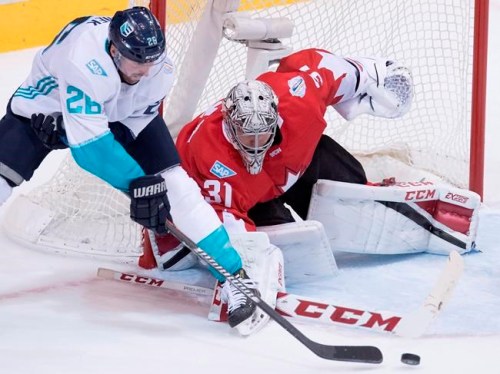 Team Canada goalie Carey Price (31) makes a save on Team Europe's Thomas Vanek (26) during second period World Cup of Hockey finals action in Toronto on Tuesday, September 27, 2016. THE CANADIAN PRESS/Frank Gunn
