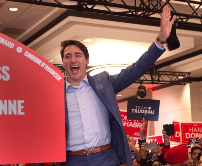 Liberal Leader Justin Trudeau wears a protective vest under his shirt as he arrives at a rally in Mississauga, Ont., Saturday, Oct. 12, 2019. The Rally was delayed for 90 minutes due to a security issue. THE CANADIAN PRESS/Frank Gunn