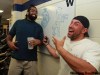 KEN GIGLIOTTI / WINNIPEG FREE PRESS
Blue Bomber Chris Cvetkovic is the team artist, comedian and long-snapper. Obby Khan (left) gets a big kick out of a recent Cvetkovic caricature drawn in the locker-room.