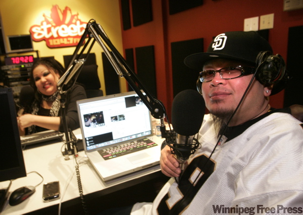 WAYNE.GLOWACKI@FREEPRESS.MB.CA
Miss Melissa and J-Boogie AKA Melissa Spence and Butch Sunglao host the radio program Rise Up at the launch of Winnipeg's only Urban/Hip-Hop radio station STREETZ 104-7 Monday morning.