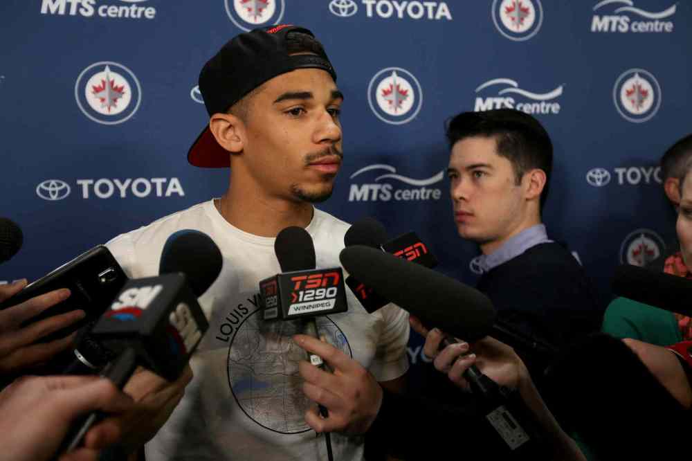 Trevor Hagan / Winnipeg Free Press
Winnipeg Jet Evander Kane (9) speaks to media as the team empties its lockers at the end of the season.