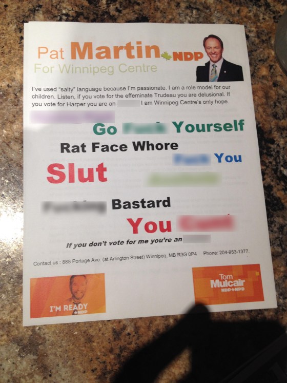 Submitted The pamphlet, under the letterhead of NDP incumbent candidate Pat Martin (Winnipeg Centre), was found in at least two locations.