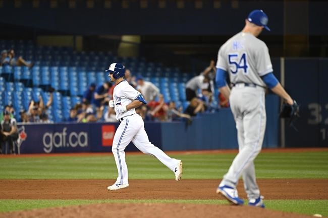 Toronto Blue Jays' Randal Grichuk rounds the bases after hitting his eighth inning solo home run off Kansas City Royals pitcher Tim HIll during AL baseball game action on Friday June 28, 2019 in Toronto. THE CANADIAN PRESS/Jon Blacker