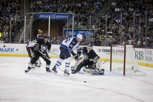 Matt Adams
Blake Wheeler of the Winnipeg Jets goes after a rebound against the Pittsburgh Penguins. The Jets were defeated by the Penguins 4-0.