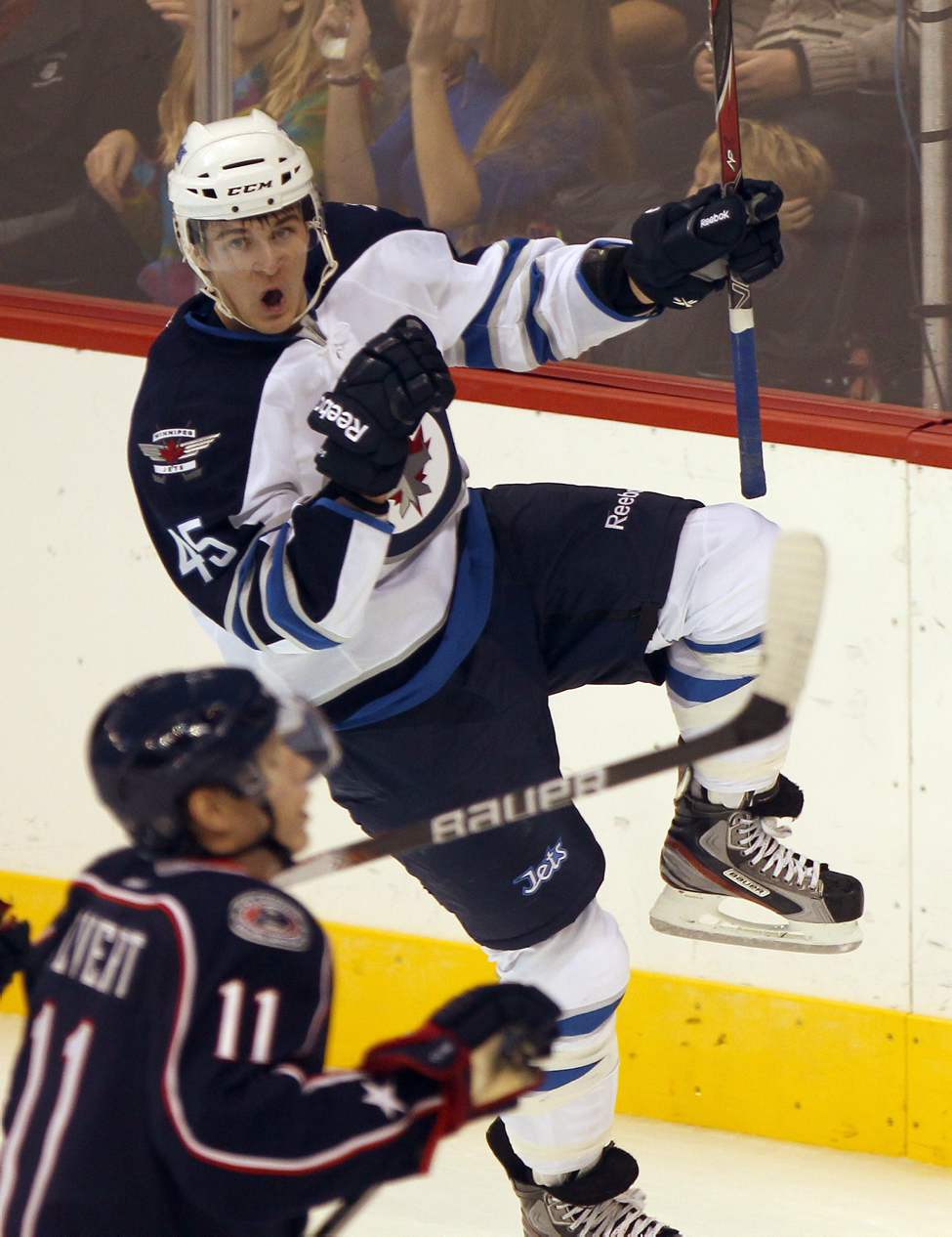 JOE BRYKSA / WINNIPEG FREE PRESS
Winnipeg Jets Mark Scheifele celebrates his first period goal against the Columbus Blue Jackets during NHL preseason action Tuesday night in Winnipeg.