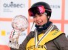 Elena Gaskell, of Vernon B.C., reacts to her winning of the FIS Crystal Globe for season, at the FIS Freestyle world cup big air freeski event, Saturday, March 16, 2019 in Quebec City. THE CANADIAN PRESS/Jacques Boissinot