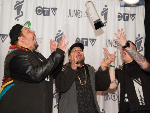 Crystal Schick / Winnipeg Free Press 
Ottawa trio A Tribe Called Red hams it up after winning the Juno for Breakthrough Group of the Year for their unique mix of powwow and electro.