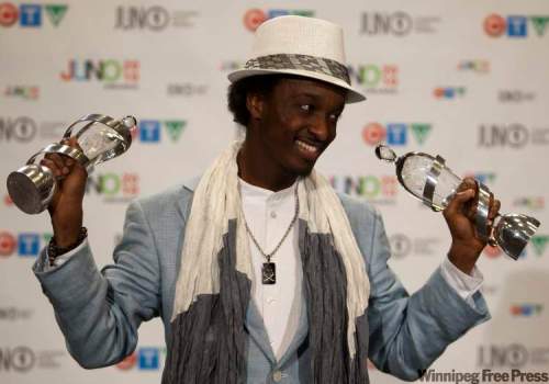 Ryan Remiorz / the canadian press
K'Naan poses his two trophies at the Juno Awards in April 2010  in St. John's, N.L..