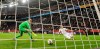 Duesseldorf's keeper Jaroslav Drobny, left, receives the second goal by Leverkusen's Leon Bailey, right, during the German Bundesliga soccer match between Bayer 04 Leverkusen and Fortuna Duesseldorf in Leverkusen, Germany, Sunday, Feb. 17, 2019. (AP Photo/Martin Meissner)