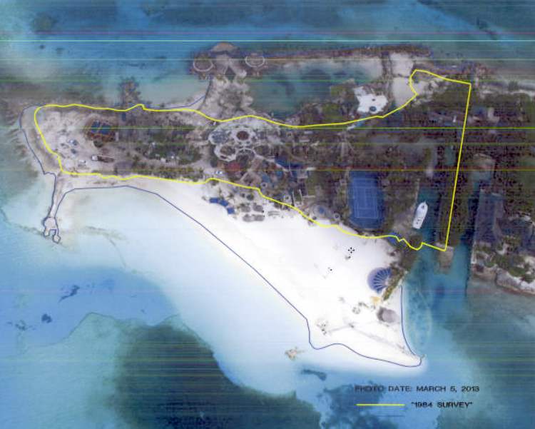 Handout
An aerial photo shows about 6.1 acres of the property, commonly known as Nygard Cay. According to the Coalition of Protect Clifton Bay, the yellow line shows the property boundary as set out in a 1984 conveyance, while the blue line shows Crown land reclaimed from the sea by Peter Nygard's activities.