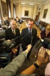 MIKE.APORIUS@FREEPRESS.MB.CA
PC Leader Hugh McFadyen (right) and Liberal Leader Jon Gerrard speak with media at a mock committee meeting Tuesday at the Legislative Building.