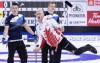 Canada skip Kevin Koe reacts to his shot as Scotland lead Hammy McMillan, left, and second Bobby Lammie look on during the qualification games at the Men's World Curling Championship in Lethbridge, Alta. on Saturday, April 6, 2019. THE CANADIAN PRESS/Paul Chiasson