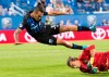 Montreal Impact's Maxi Urruti trips over York9 FC goalkeeper Nathan Ingham during second half Canadian Championship action in Montreal on Wednesday, July 24, 2019. THE CANADIAN PRESS/Paul Chiasson