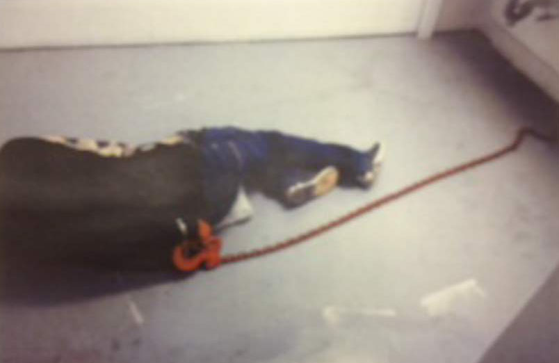 Handout
A person is seen chained in a dressing room in Northlands arena in Lac Brochet.
