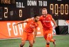 Hamilton Forge FC's David Choiniere (7) celebrates his game-winning goal with teammate Anthony Novak (23) during second-half Scotiabank CONCACAF League soccer action against Antigua Guatemala FC, in Hamilton, Ont., Thursday, Aug. 1, 2019. THE CANADIAN PRESS/Peter Power