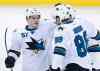 John Woods / WINNIPEG FREE PRESS
San Jose Sharks' Tommy Wingels (57), Brent Burns (88) and Logan Couture (39) celebrate Burns' first-period goal against the Winnipeg Jets. The Sharks won the game 3-2.