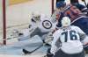 MIKE DEAL / WINNIPEG FREE PRESS
Edmonton Oilers' Chase Schaber (76) scores on Winnipeg Jets' goaltender Chris Carrozzi (35) The rookies for the Winnipeg Jets and the Edmonton Oilers took to the ice at South Okanagan Events Centre arena in the Young Stars tournament in Penticton, BC, Tuesday evening.