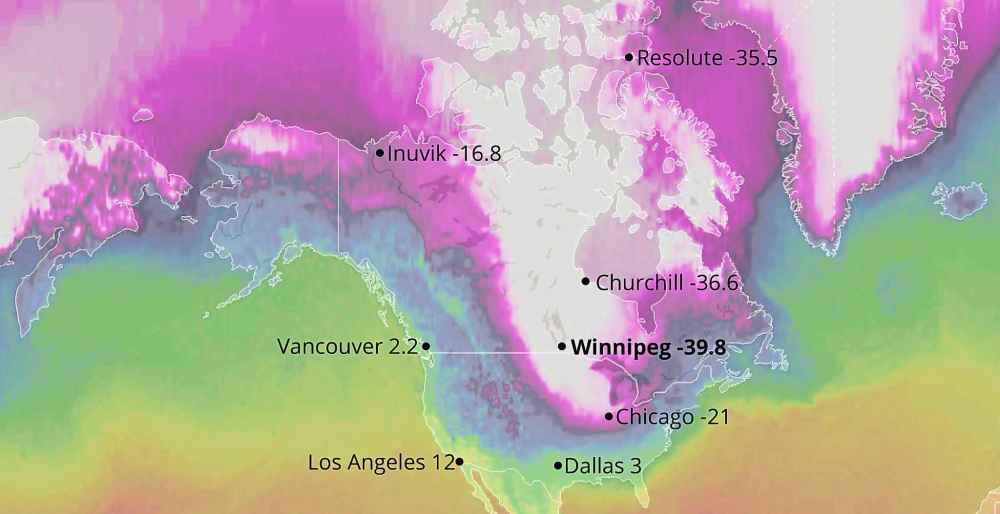Ventusky map, Environment and Climate Change Canada and National Weather Service figures
This map shows tempratures (C) recorded at 7 a.m. local times. It was at that time Winnipeg dipped to -39.8 C.