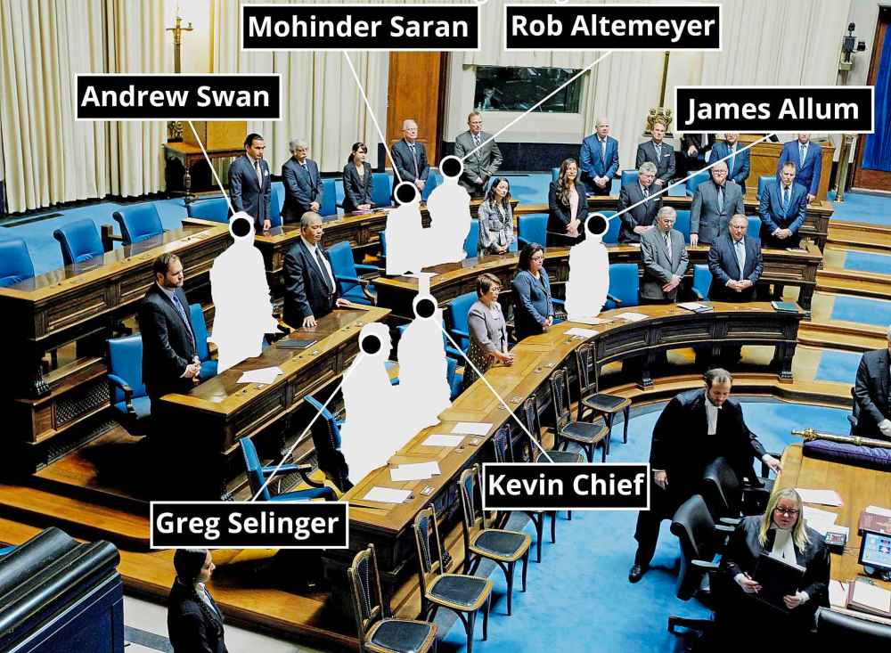 Graeme Bruce/Boris Minkevich/Winnipeg Free Press
LEFT AND LEAVING: At least six New Democrat MLAs elected in 2016 won't be around for the NDP's run in 2020. That group includes Rob Altemeyer, James Allum and Andrew Swan, who said they won't seek re-election; Kevin Chief and Greg Selinger who resigned this term; and Mohinder Saran who was booted from the NDP caucus after accusations of sexual harassment came to light in 2017.
