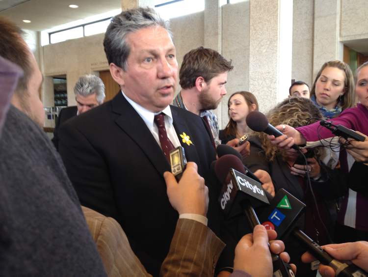 Boris Minkevich / Winnipeg Free Press
Councillor Dan Vandal speaks to media after city council voted to delay a vote on a proposed water park at The Forks.