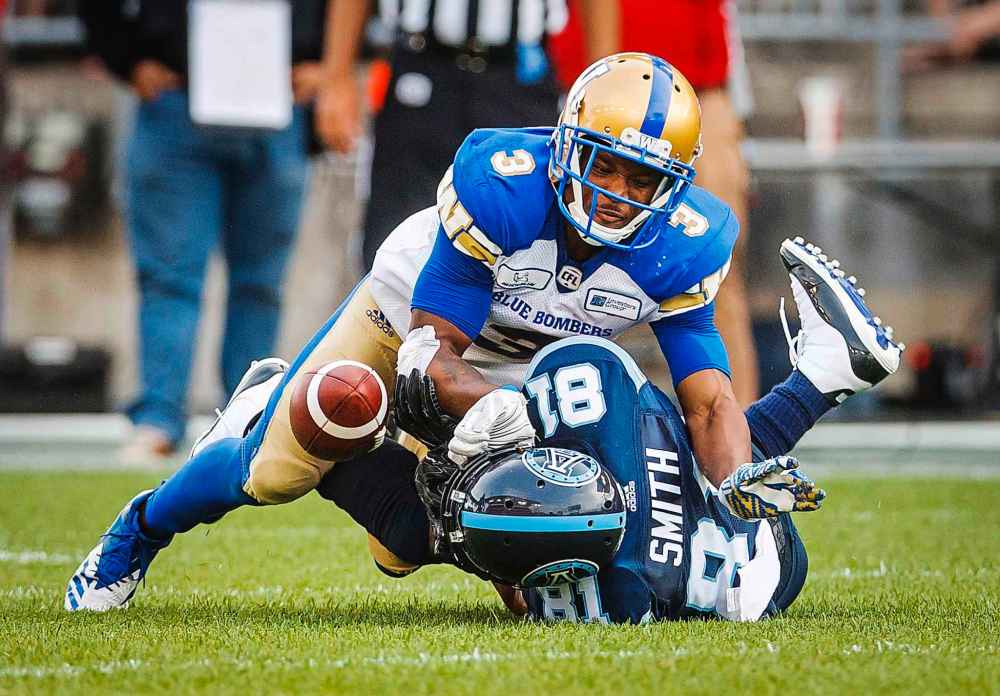 Toronto Argonauts' Rodney Smith has a pass broken up by Winnipeg Blue Bombers' Kevin Fogg during second half CFL football action in Toronto on Saturday, July 21, 2018.