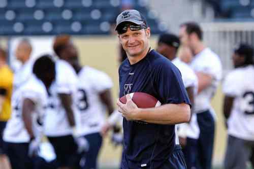 Head Coach Mike O'Shea is all smiles during the first official day of the Winnipeg Blue Bomber training camp at Investors Group Field in 2014. (Mike Deal / Winnipeg Free Press)