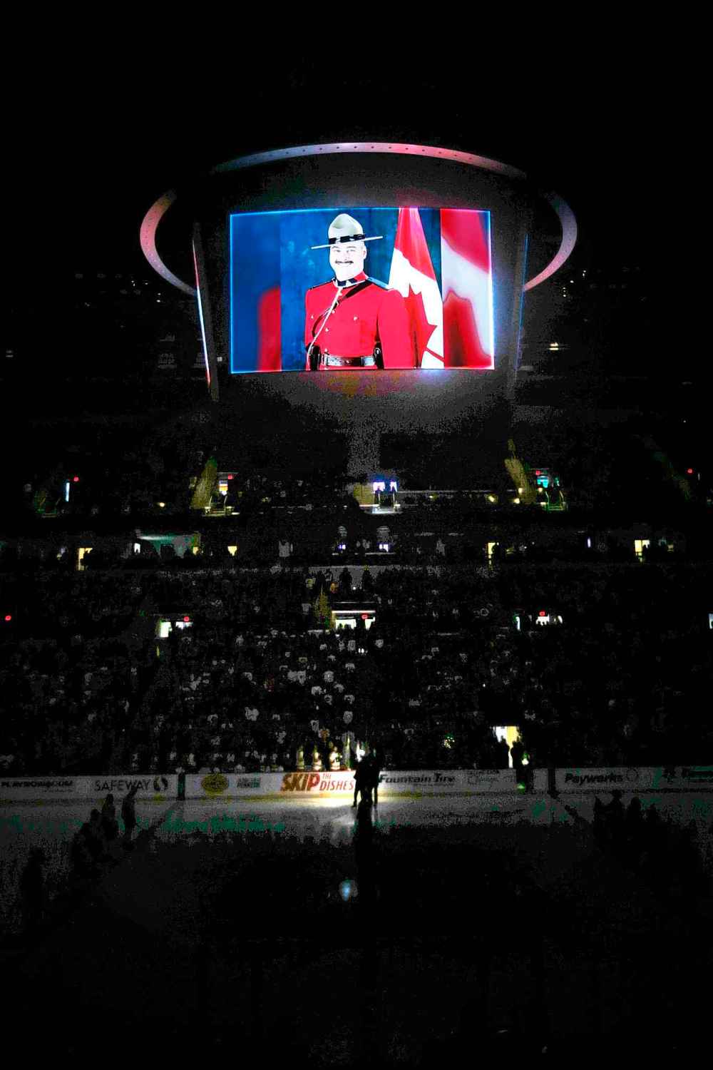 JOHN WOODS / WINNIPEG FREE PRESS
A moment of silence was observed for Manitoba RCMP officer Const. Allan Poapst prior to the start of the Winnipeg Jets/Philadelphia Flyers game Sunday afternoon. Poapst died in a highway collision on the Perimeter Highway late Friday afternoon.