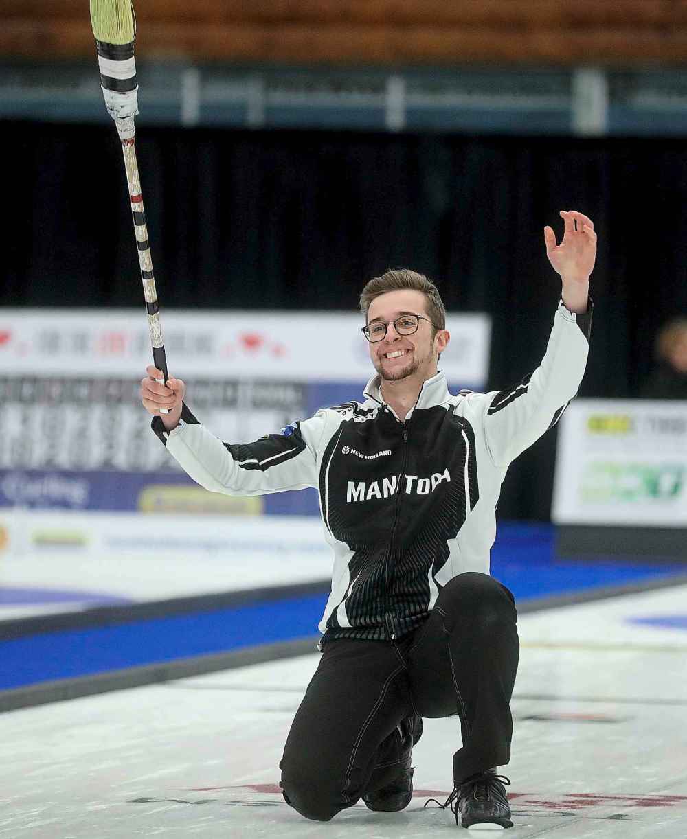 Team Manitoba's skip Jacques Gauthier celebrates his final shot. (TREVOR HAGAN / WINNIPEG FREE PRESS)