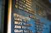 A plaque at Innovation Credit Union iPlex in Swift Current commemorating the  Broncos' 1989 Memorial Cup win has Graham James' name scratched out.  (Mikaela MacKenzie / Winnipeg Free Press)