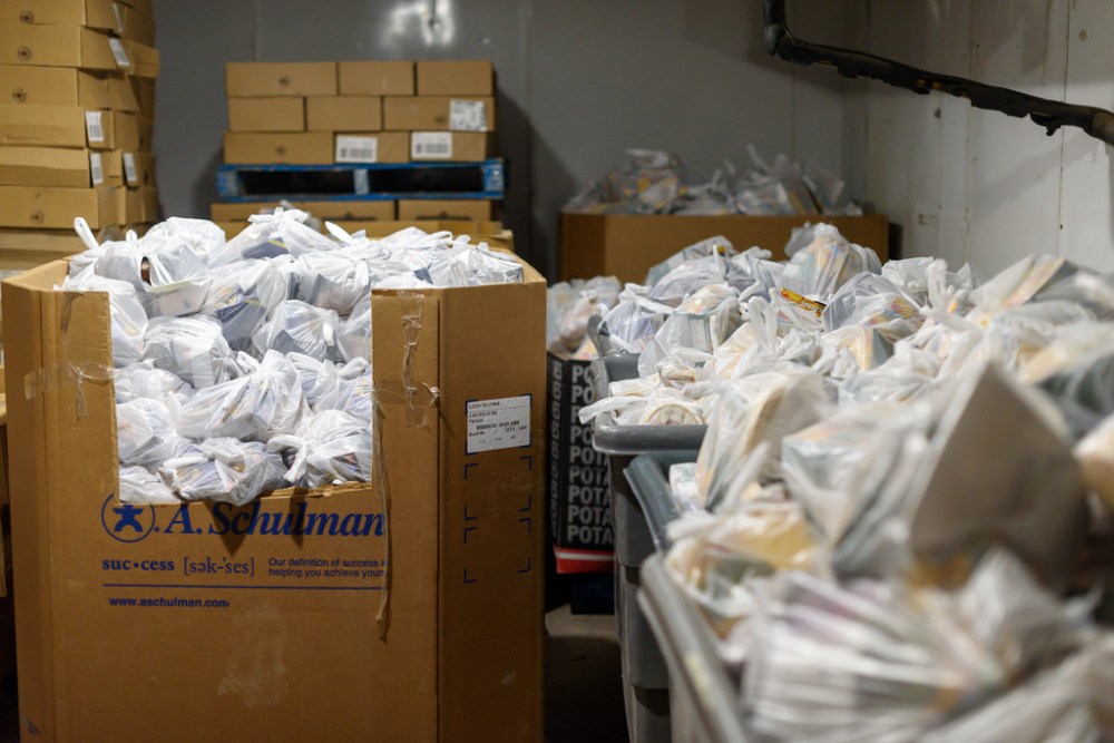Perishable hampers at the Winnipeg Harvest warehouse earlier this month. The food bank is facing an unprecedented demand for hampers. (Jesse Boily / Winnipeg Free Press files)
