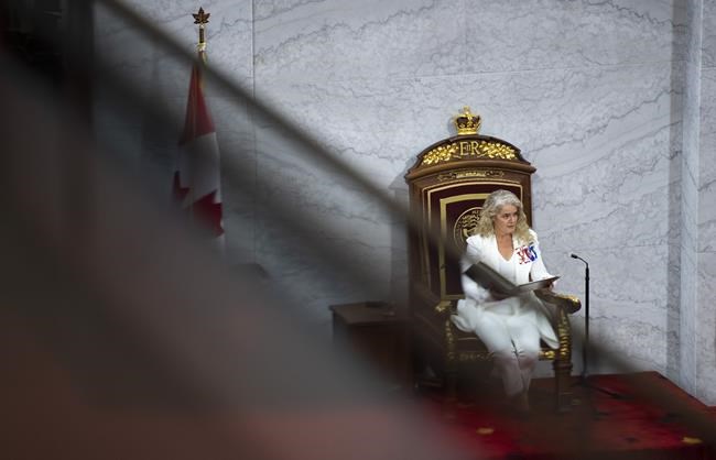 Gov. Gen. Julie Payette delivers the speech from the throne in the Senate chamber in Ottawa, on Wednesday, Sept. 23, 2020. THE CANADIAN PRESS/Justin Tang